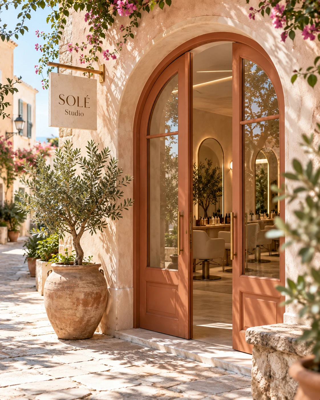 The terracotta arched double doors of SOLÉ Studio with a hanging sign, an olive tree and bougainvillea