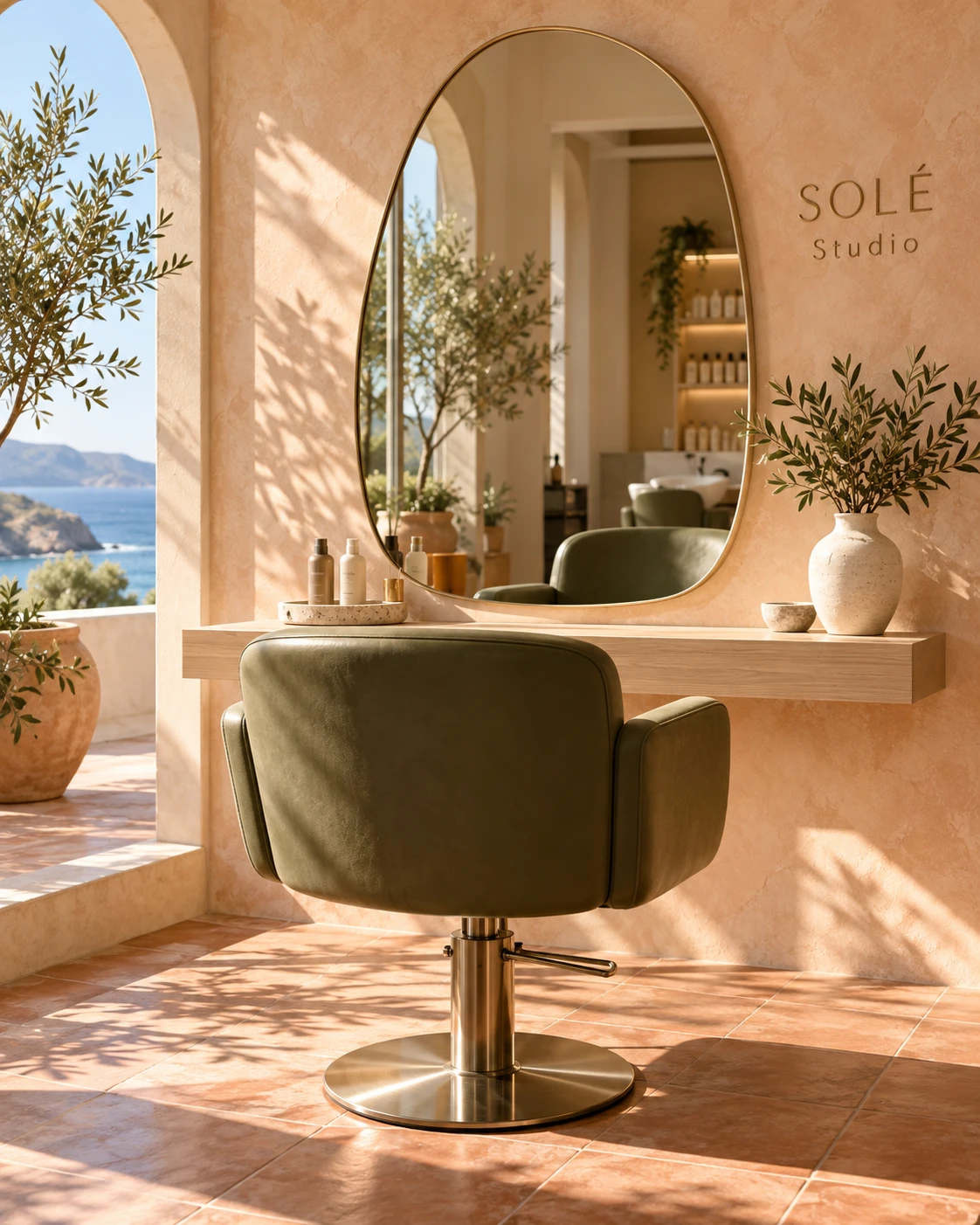 A styling station with an olive leather chair, a pebble-shaped brass mirror and the sea through an arched window