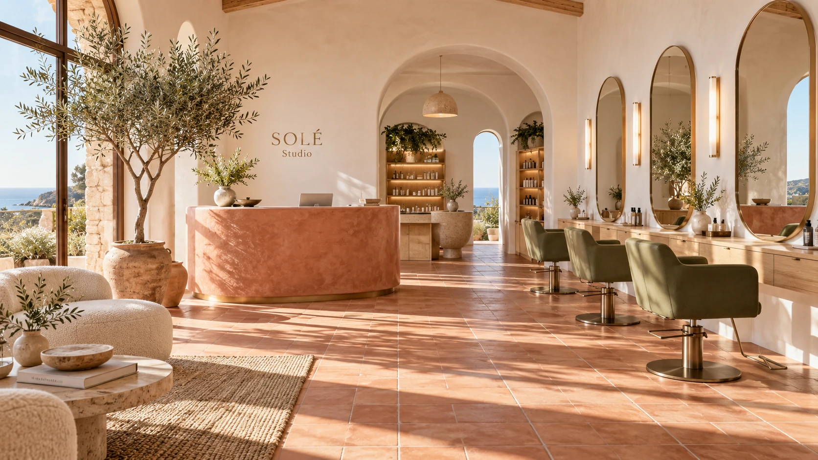Inside SOLÉ Studio: a terracotta reception desk, olive leather chairs and oval brass mirrors, with the sea through tall windows