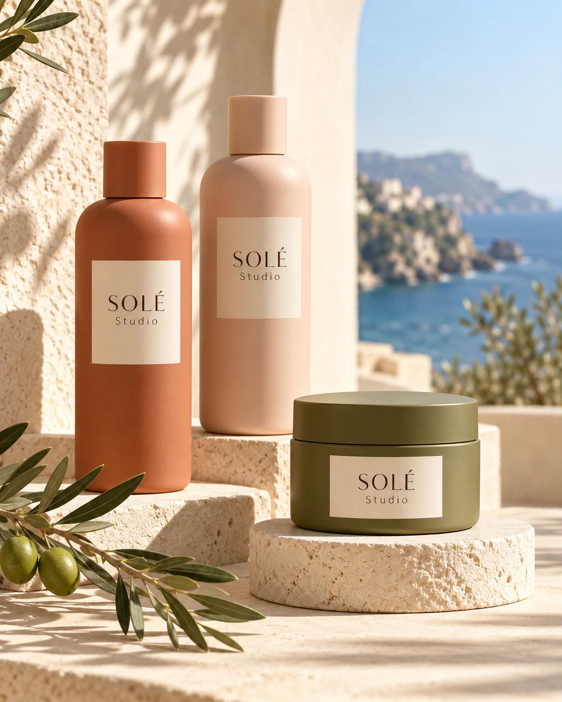 SOLÉ Studio shampoo and conditioner bottles in terracotta and blush with an olive hair mask, on stone steps above the sea